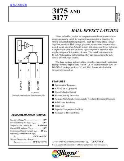 Allegro MicroSystems UGN3175/3177 Hall-Effect Latches Datasheet - cover page