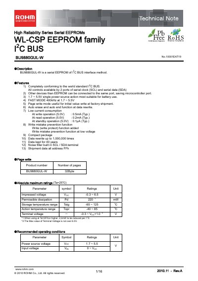 ROHM BU9880GUL-W Serial EEPROM Technical Note - cover page