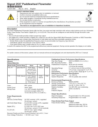 Signet 2537 Paddlewheel Flowmeter User Manual - cover page
