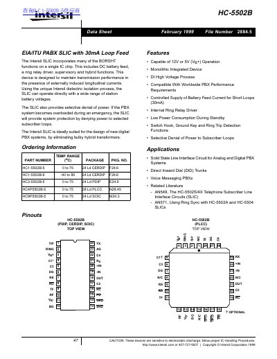 Intersil HC-5502B SLIC Data Sheet