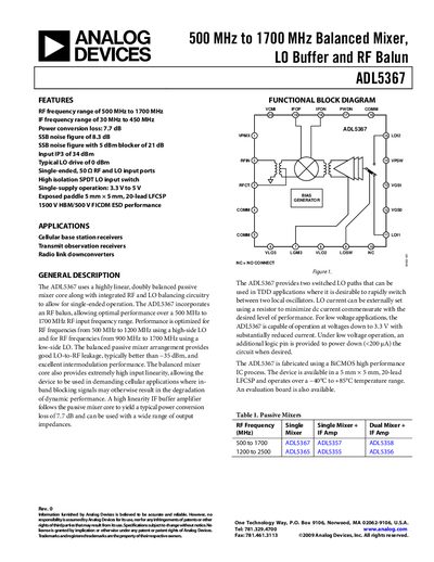 Analog Devices ADL5367 Balanced Mixer Datasheet - cover page