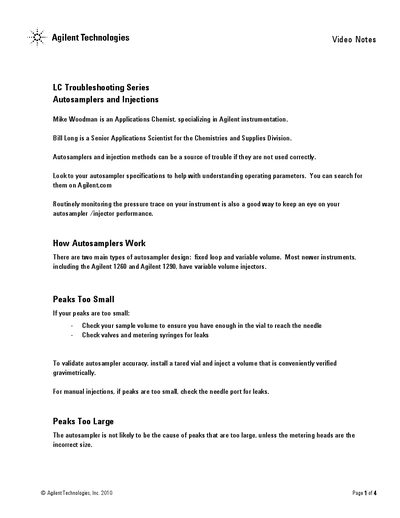 Agilent LC Autosamplers and Injections Troubleshooting Video Notes - cover page