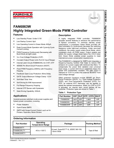 Fairchild FAN6863W Highly Integrated Green-Mode PWM Controller Datasheet