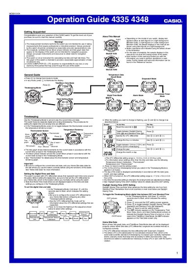 Casio 4335/4348 Watch Operation Guide - cover page