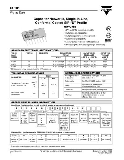 Vishay Dale CS201 Capacitor Networks Datasheet - cover page