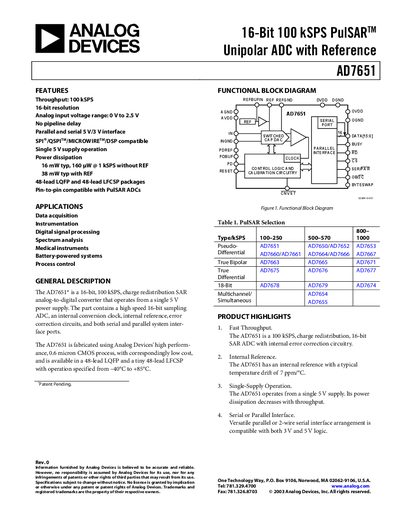 Analog Devices AD7651 Datasheet - cover page