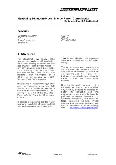 Texas Instruments CC2541 Bluetooth Low Energy Power Consumption Measurement Guide