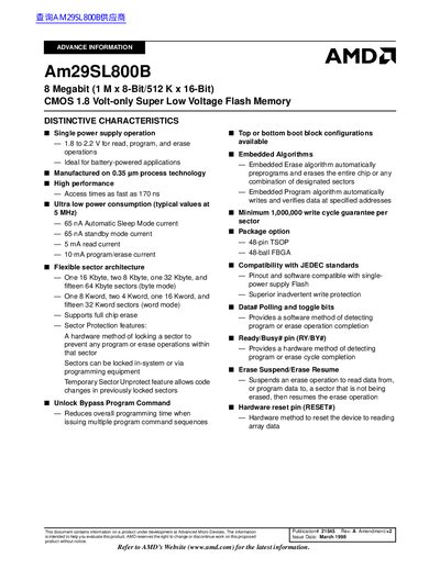 AMD Am29SL800B 8 Megabit (1 M x 8-Bit/512 K x 16-Bit) CMOS 1.8 Volt-only Super Low Voltage Flash Memory Manual - cover page