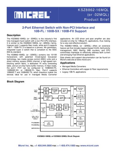 Micrel KSZ8862-16MQL Product Brief - cover page