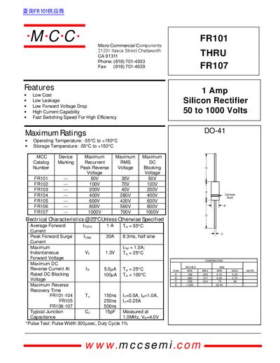 MCC FR101 THRU FR107 Data Sheet - cover page