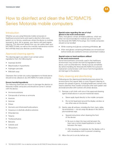 Motorola MC70/MC75 Series Mobile Computer Cleaning Guide - cover page