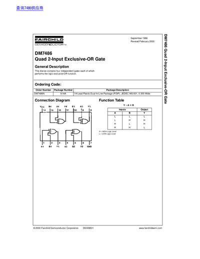 Fairchild Semiconductor DM7486 Quad 2-Input Exclusive-OR Gate Datasheet - cover page