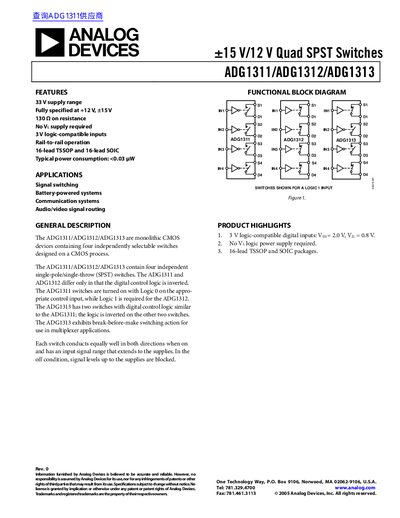 Analog Devices ADG1311/ADG1312/ADG1313 Quad SPST Switches Datasheet