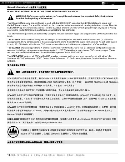 JBL SDA8300 / SDA4600 Amplifier Quick Start Guide - cover page