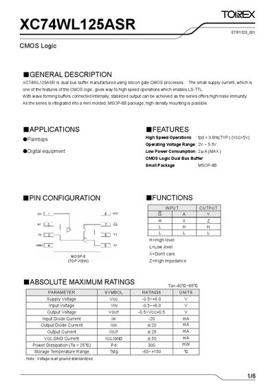 Torex XC74WL125ASR CMOS Logic Manual - cover page