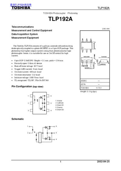 Toshiba TLP192A Photocoupler Datasheet