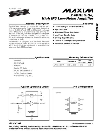 Maxim MAX2644 High IP3 Low-Noise Amplifier Datasheet - cover page