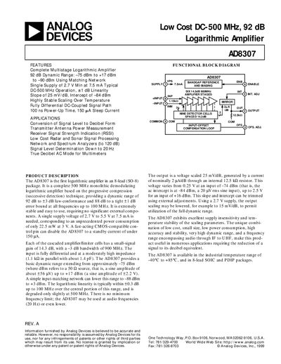 Analog Devices AD8307 Logarithmic Amplifier Datasheet