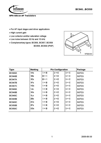 Infineon BC846‑BC850 NPN Silicon AF Transistors Datasheet