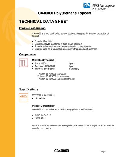 PPG CA40000 Polyurethane Topcoat Technical Data Sheet - cover page