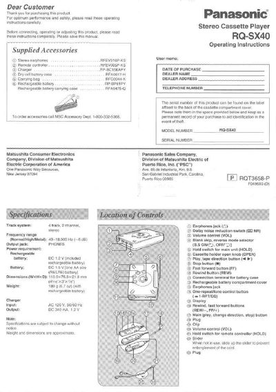 Panasonic RQ-SX40 Stereo Cassette Player Operating Instructions - cover page