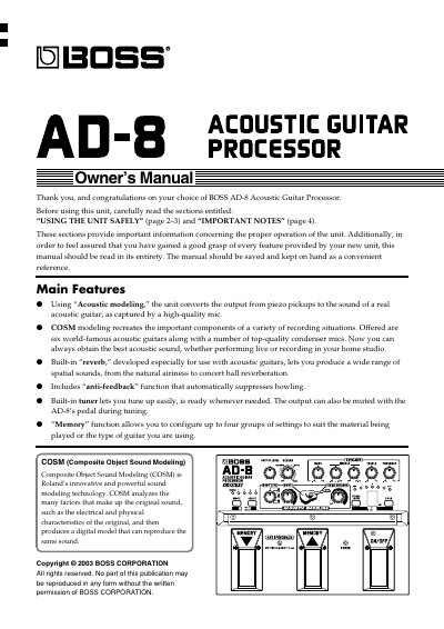 BOSS AD-8 Acoustic Guitar Processor Owner's Manual - cover page