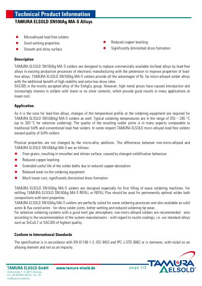 Tamura Elsold SN100Ag MA-S Solder Alloys Technical Product Information