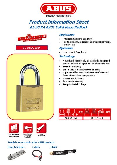 ABUS 65 30 KA 6301 Solid Brass Padlock Product Information Sheet - cover page
