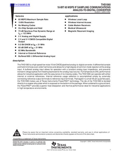 Texas Instruments THS1060 Analog-to-Digital Converter Datasheet - cover page