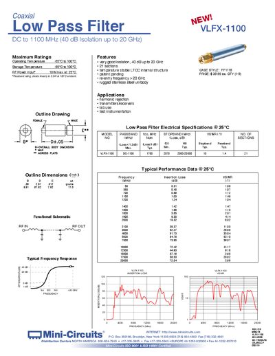 Mini-Circuits VLFX-1100 Coaxial Low Pass Filter Datasheet - cover page
