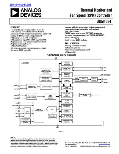 Analog Devices ADM1034 Thermal Monitor and Fan Speed Controller Datasheet