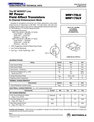 Motorola MRF175LU Data Sheet - cover page
