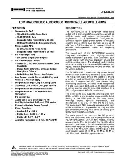 Texas Instruments TLV320AIC32 Low Power Stereo Audio Codec Datasheet - cover page