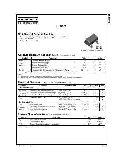 Fairchild Semiconductor BCV71 NPN General Purpose Amplifier Datasheet - cover page
