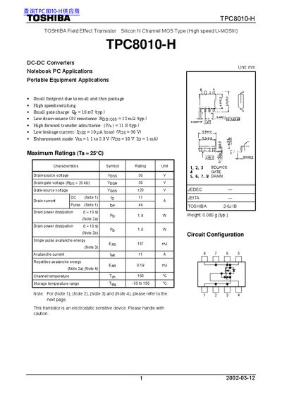Toshiba TPC8010-H N-Channel MOSFET Datasheet - cover page