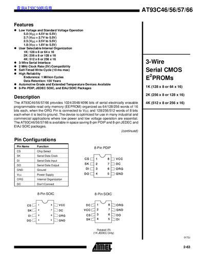 Atmel AT93C46/56/57/66 EEPROM Datasheet - cover page
