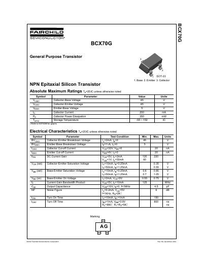 Fairchild Semiconductor BCX70G NPN Transistor Datasheet - cover page