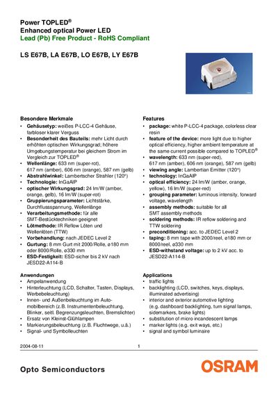 OSRAM Power TOPLED E67B Series LED Datasheet - cover page