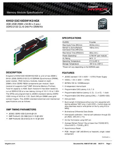 Kingston KHX2133C10D3W1K2/4GX Memory Module Datasheet