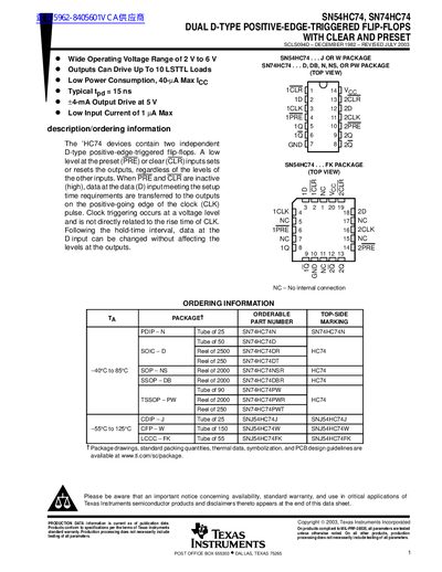Texas Instruments SN54HC74, SN74HC74 Dual D-Type Flip-Flops Datasheet - cover page