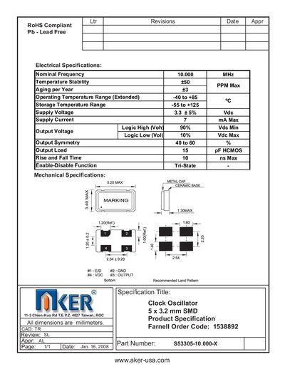 AKER - aker-usa.com 11-3 Chien-Kuo Rd T.E.P.Z. 4027 Taiwan ROC S53305-10.000-X Clock Oscillator 5 x Manual - cover page
