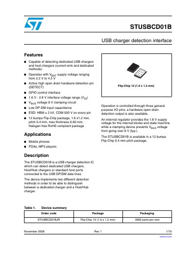 STMicroelectronics STUSBCD01B USB Charger Detection Interface Datasheet