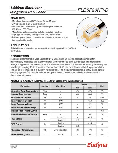 Eudyna FLD5F20NP-D 1550nm Modulator Integrated DFB Laser Datasheet - cover page