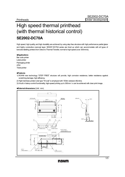ROHM SE2002-DC70A High Speed Thermal Printhead Datasheet - cover page