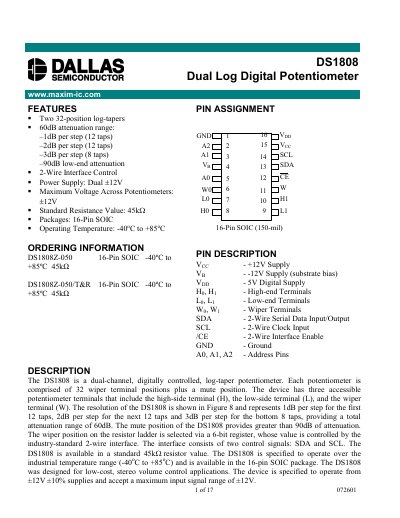 Maxim Integrated DS1808Z-050 Digital Potentiometer User Manual - cover page