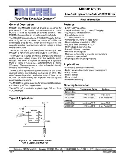 Micrel MIC5014/5015 MOSFET Driver Datasheet - cover page