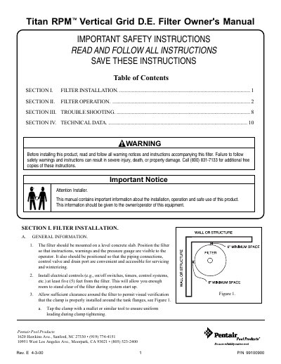 Titan RPM Vertical Grid D.E. Filter Owner's Manual - cover page