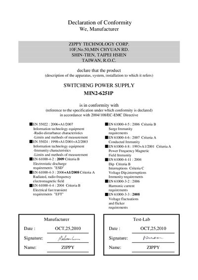 Declaration of Conformity We Manufacturer ZIPPY TECHNOLOGY CORP. 10F No.50 MIN CHYUAN RD. SHIN-TIEN TAIPEI HSIEN TAIWAN R.O.C. declare that the product (description of the apparatus system  - cover page