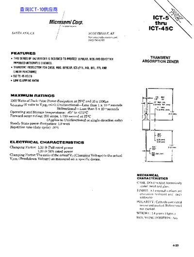 Microsemi ICT-5 through ICT-45C Transient Absorption Zener Datasheet - cover page