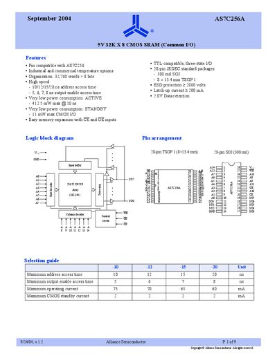Alliance Semiconductor AS7C256A Datasheet - cover page